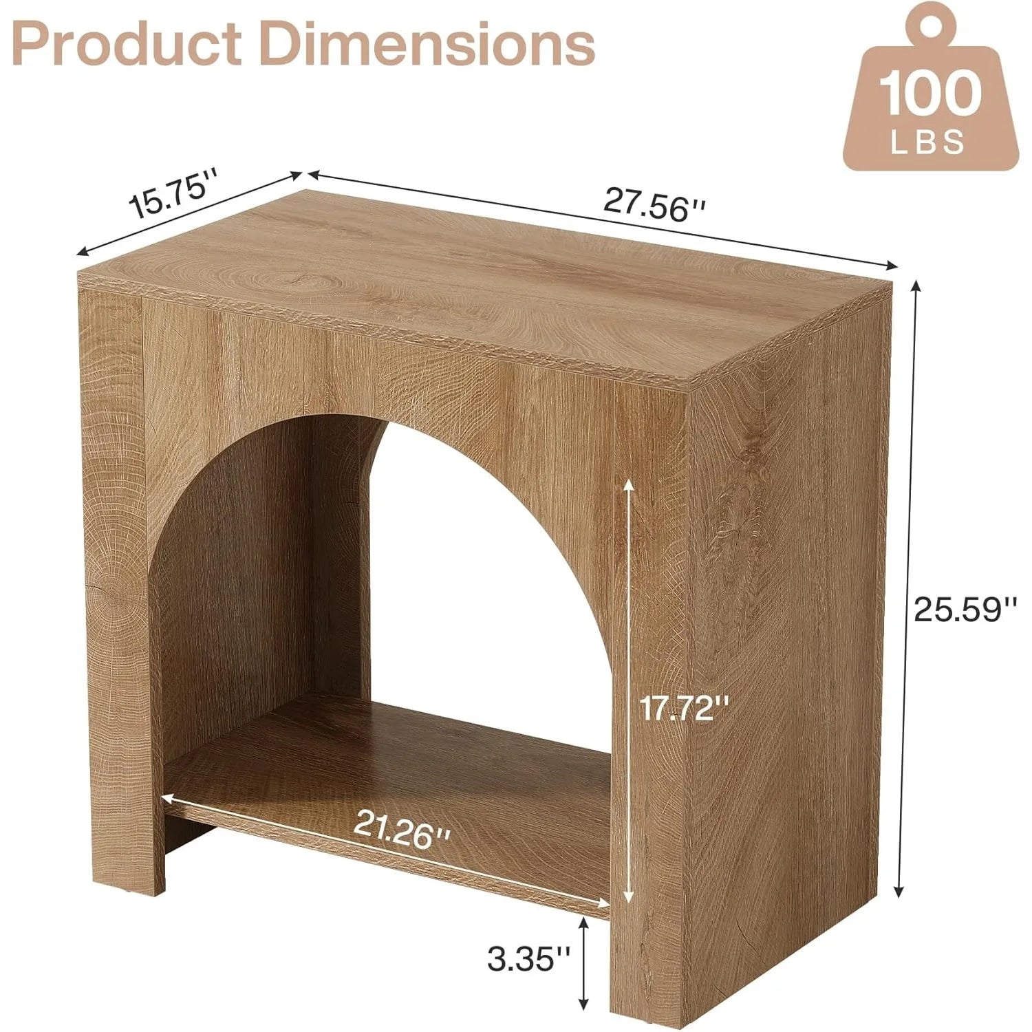 Wooden side table with dimensions and weight capacity label on a white background