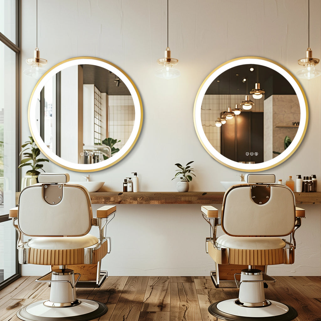 Round LED Bathroom Mirror – Gold Aluminum Frame, Anti-Fog