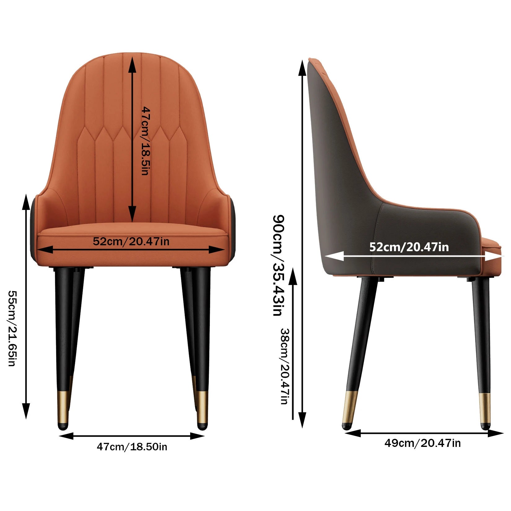 Dimensions of two chairs shown side by side with measurements in centimeters and inches.