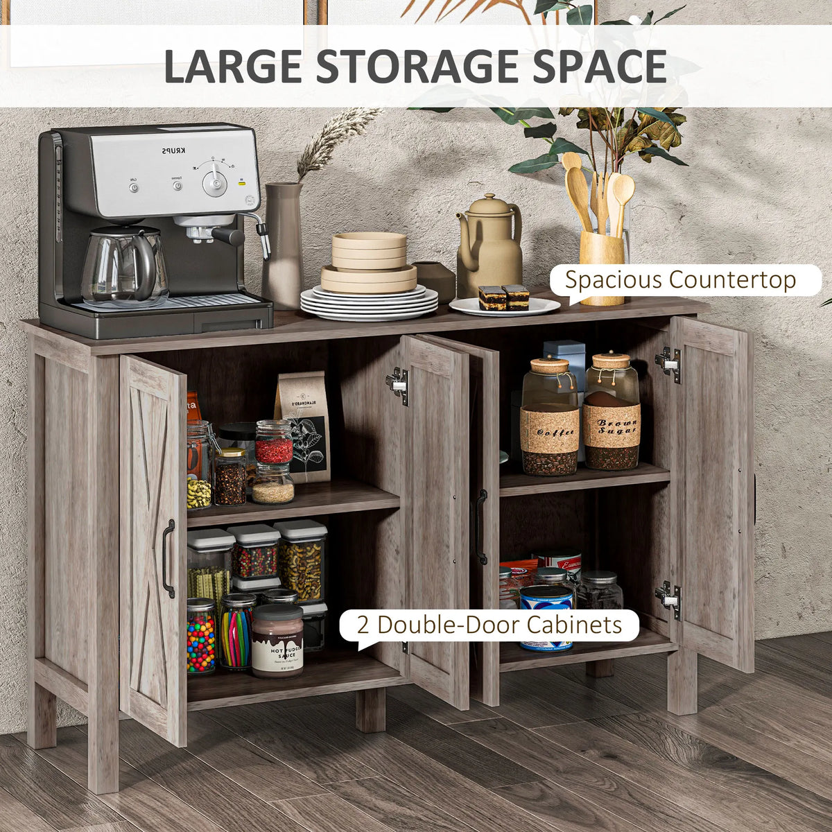 Silhouetteveil storage graphic showing two double-door cabinet sections and a broad serving top