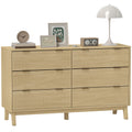 Sunbeamcrest natural-tone six-drawer dresser with fluted fronts and five legs.
