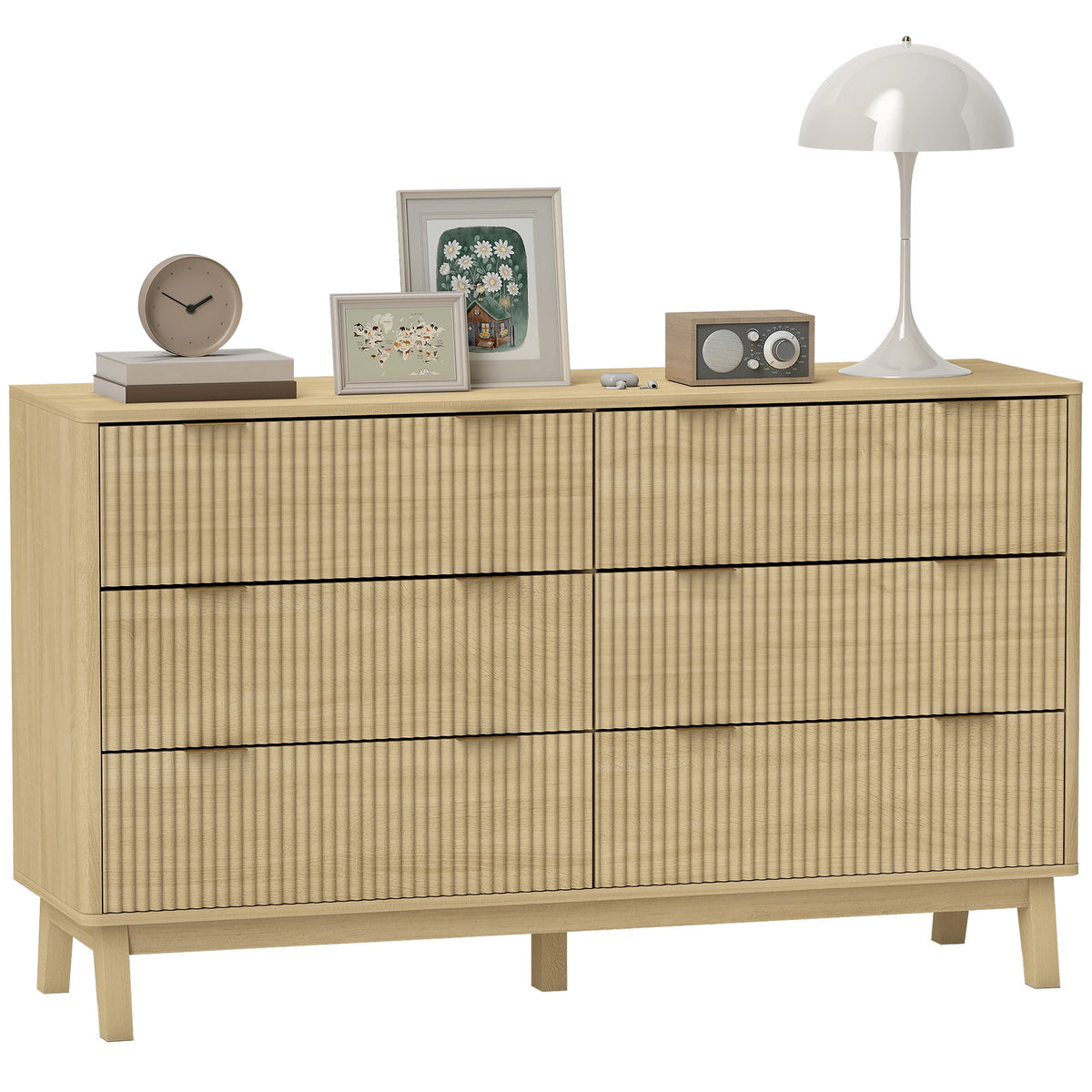 Sunbeamcrest natural-tone six-drawer dresser with fluted fronts and five legs.
