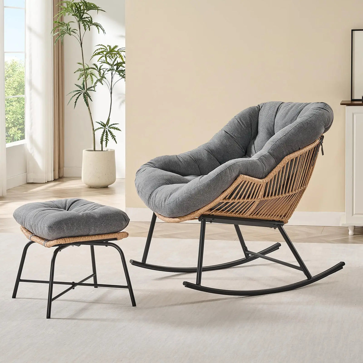 Harper Rattan Papasan Rocking Chair with Ottoman