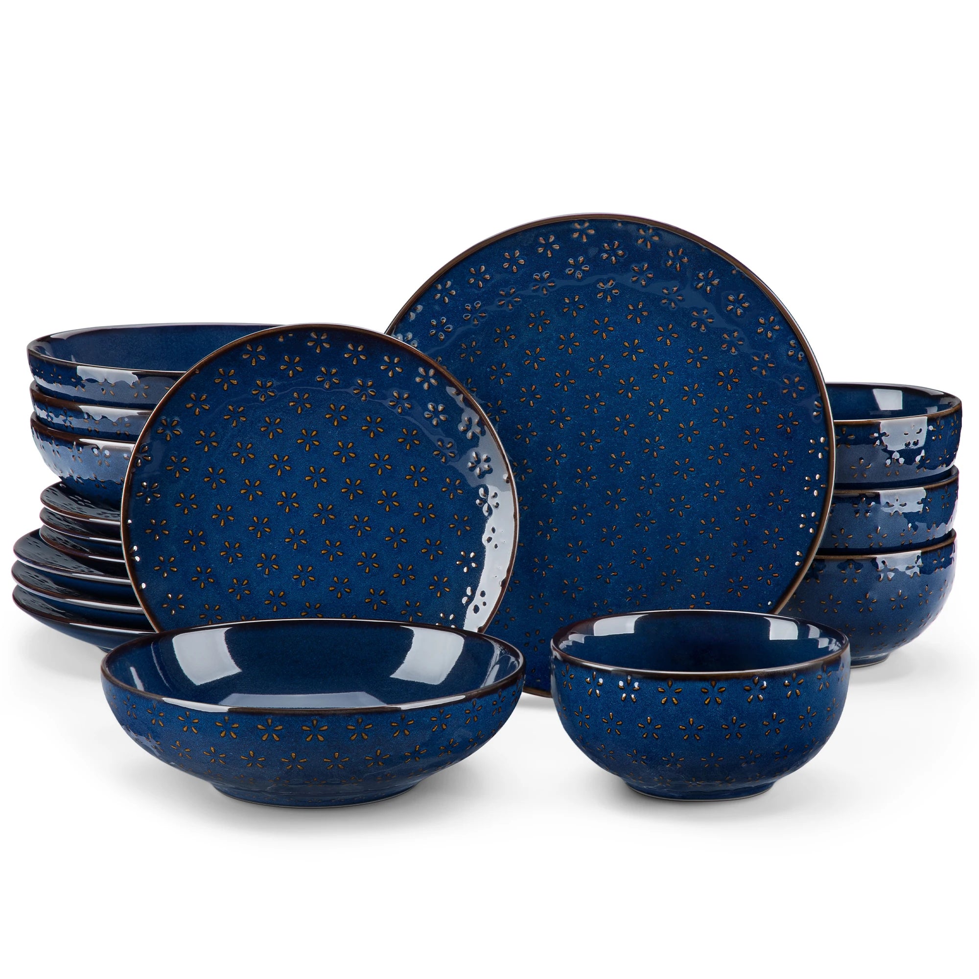 Set of blue ceramic dinnerware with star patterns on a white background