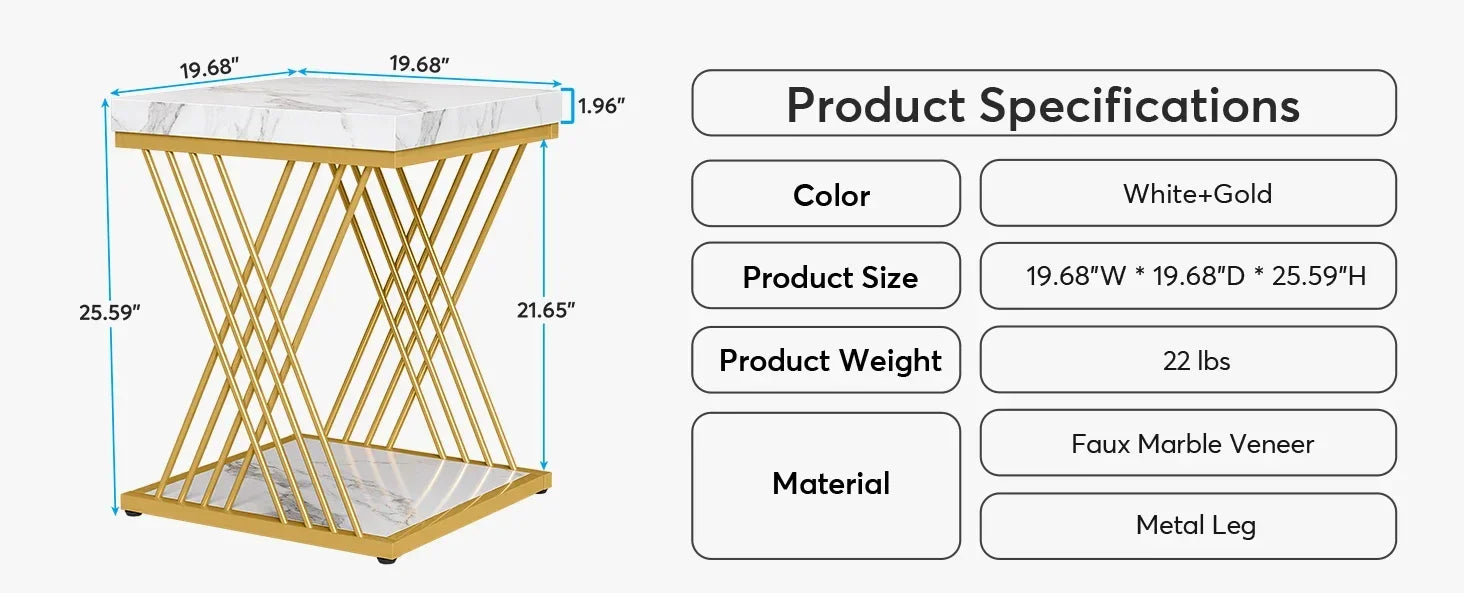 Product specifications of a side table with dimensions and material details.