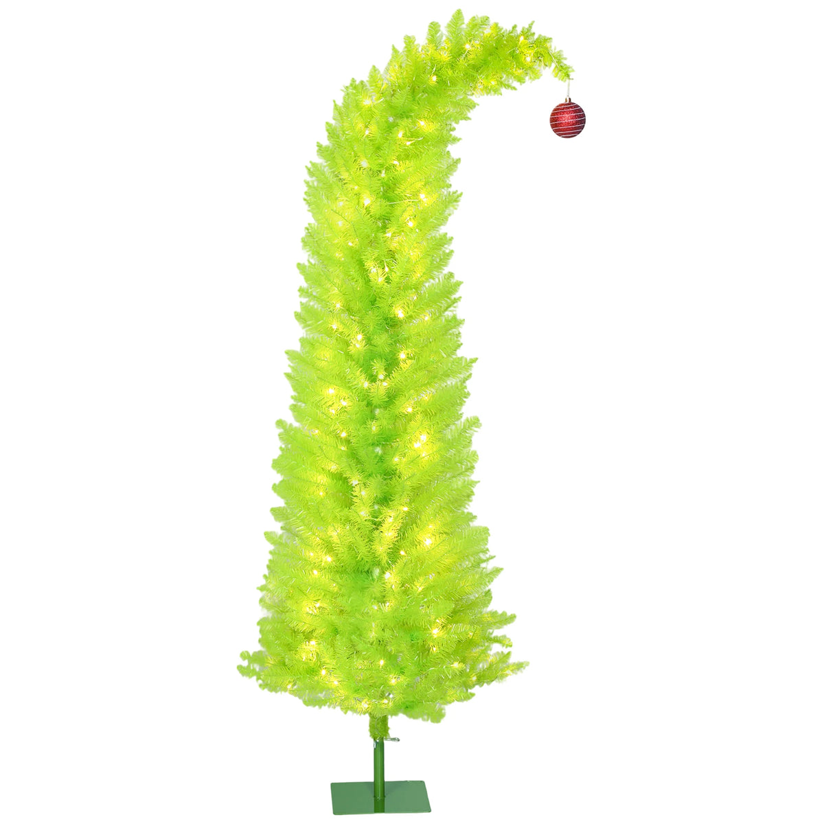 Merrycurve bright green pre-lit pencil Christmas tree with bent top and red ball ornament