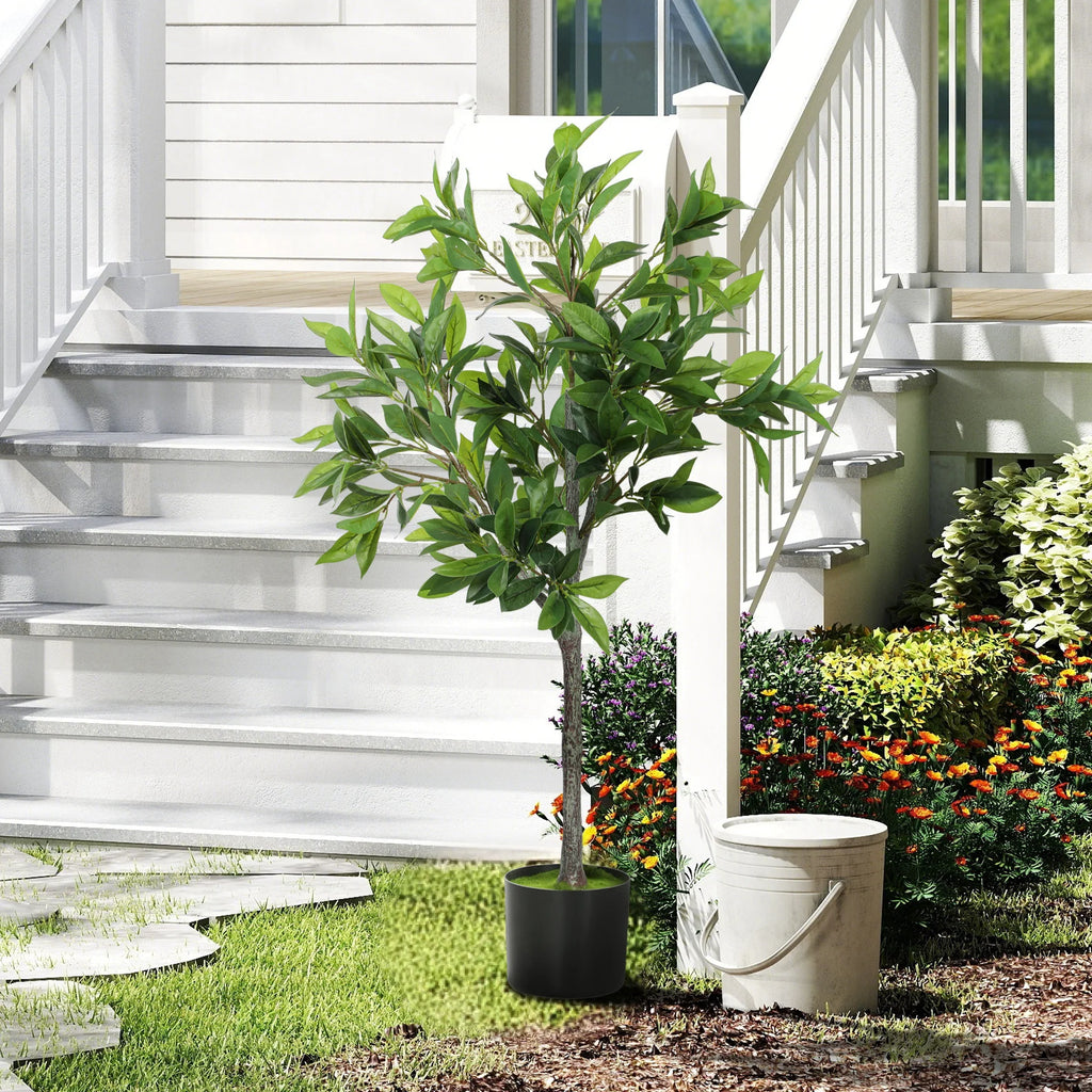 Springwick artificial laurel tree staged beside porch steps
