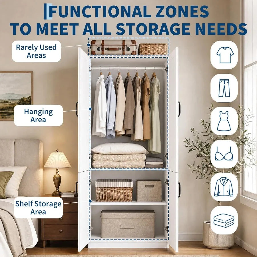 Hanging and lower shelf storage zones in the four-door wardrobe