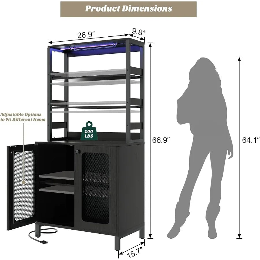 Dimension drawing of the cabinet with a 9.8-inch upper shelf depth and adjustable shelf positions illustrated.