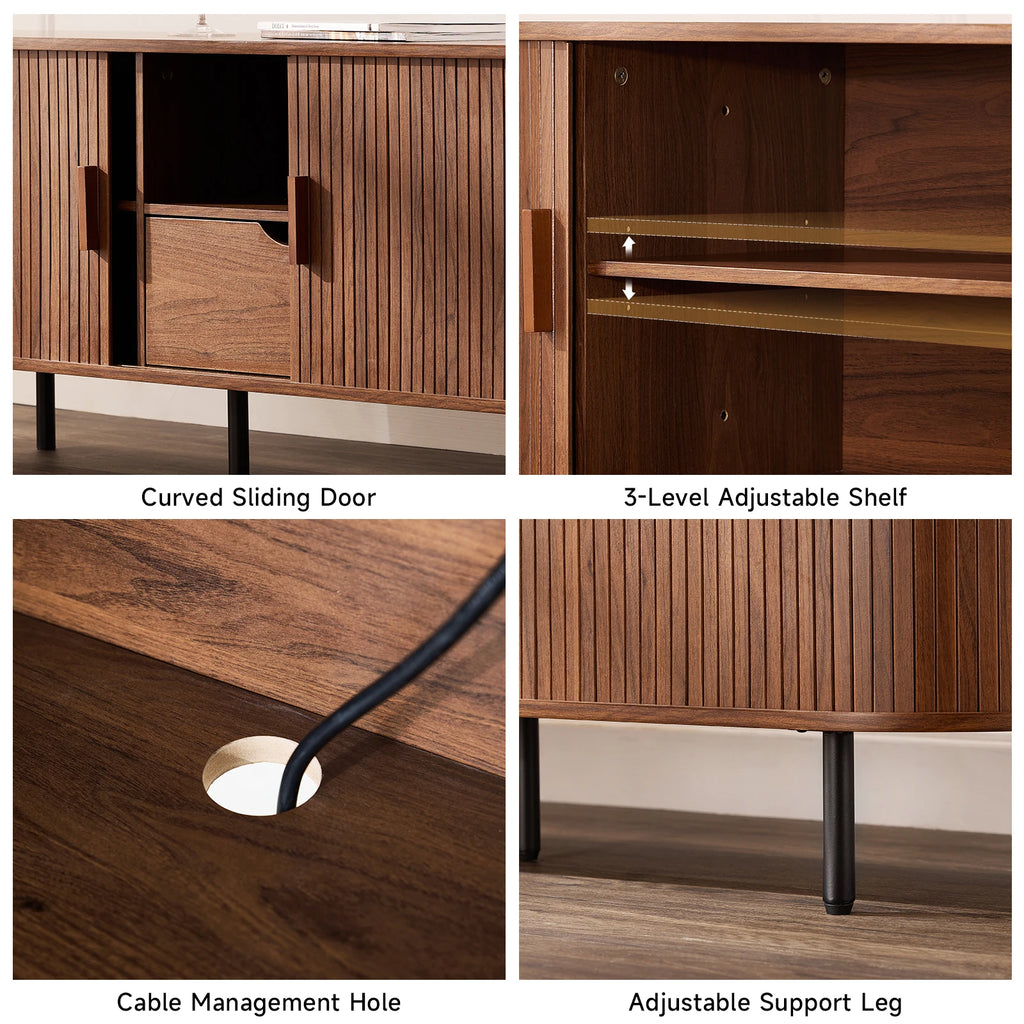 Sunbeamsong Walnut detail card showing sliding doors, adjustable shelf, cable hole and support leg
