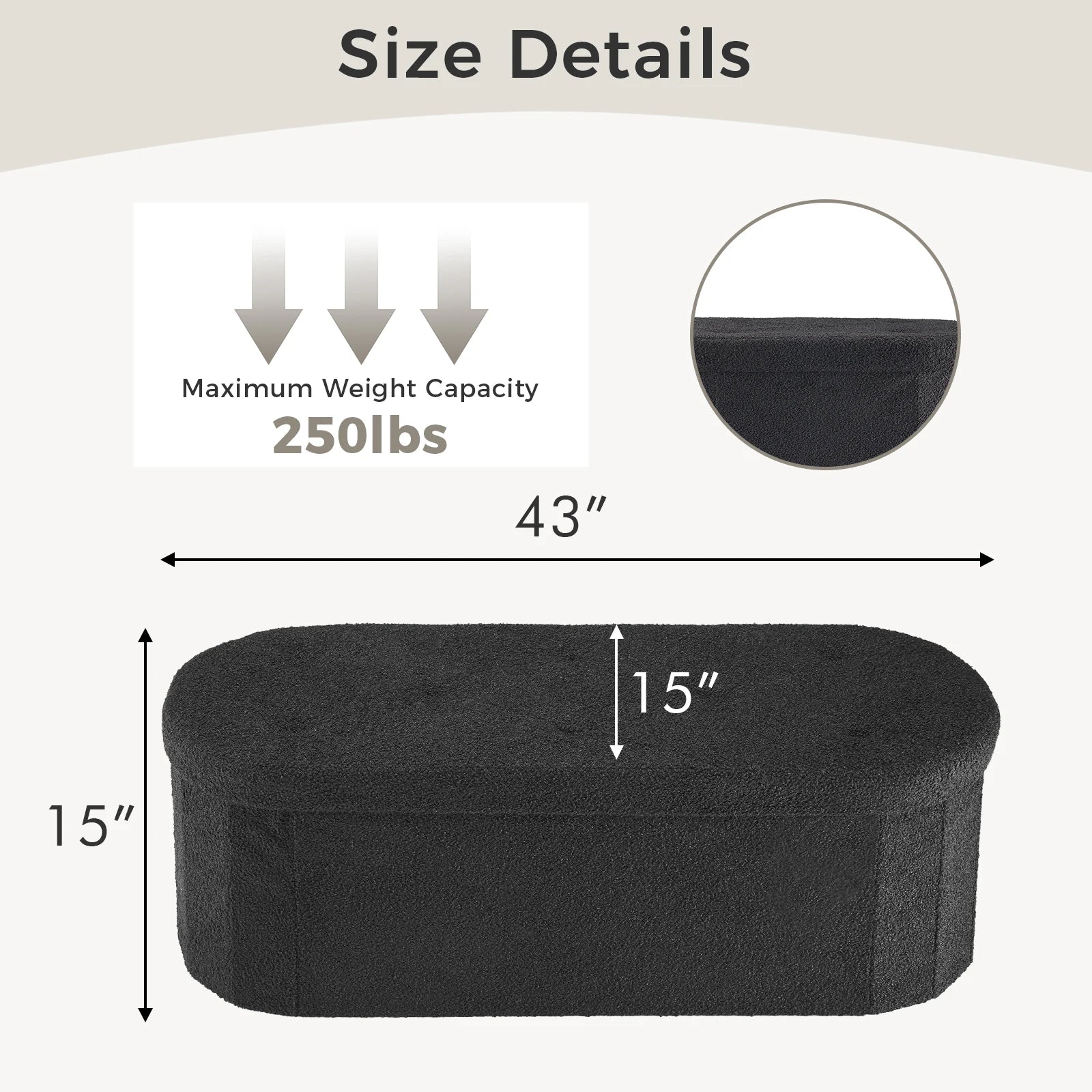 Black ottoman with measurements and weight capacity details on a beige background