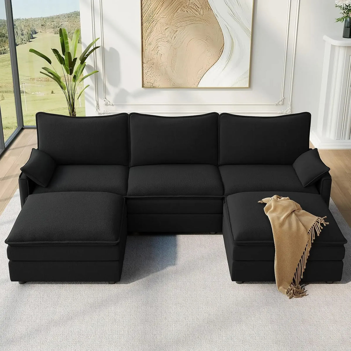 Vellune Black chenille sectional with matching back cushions and ottomans