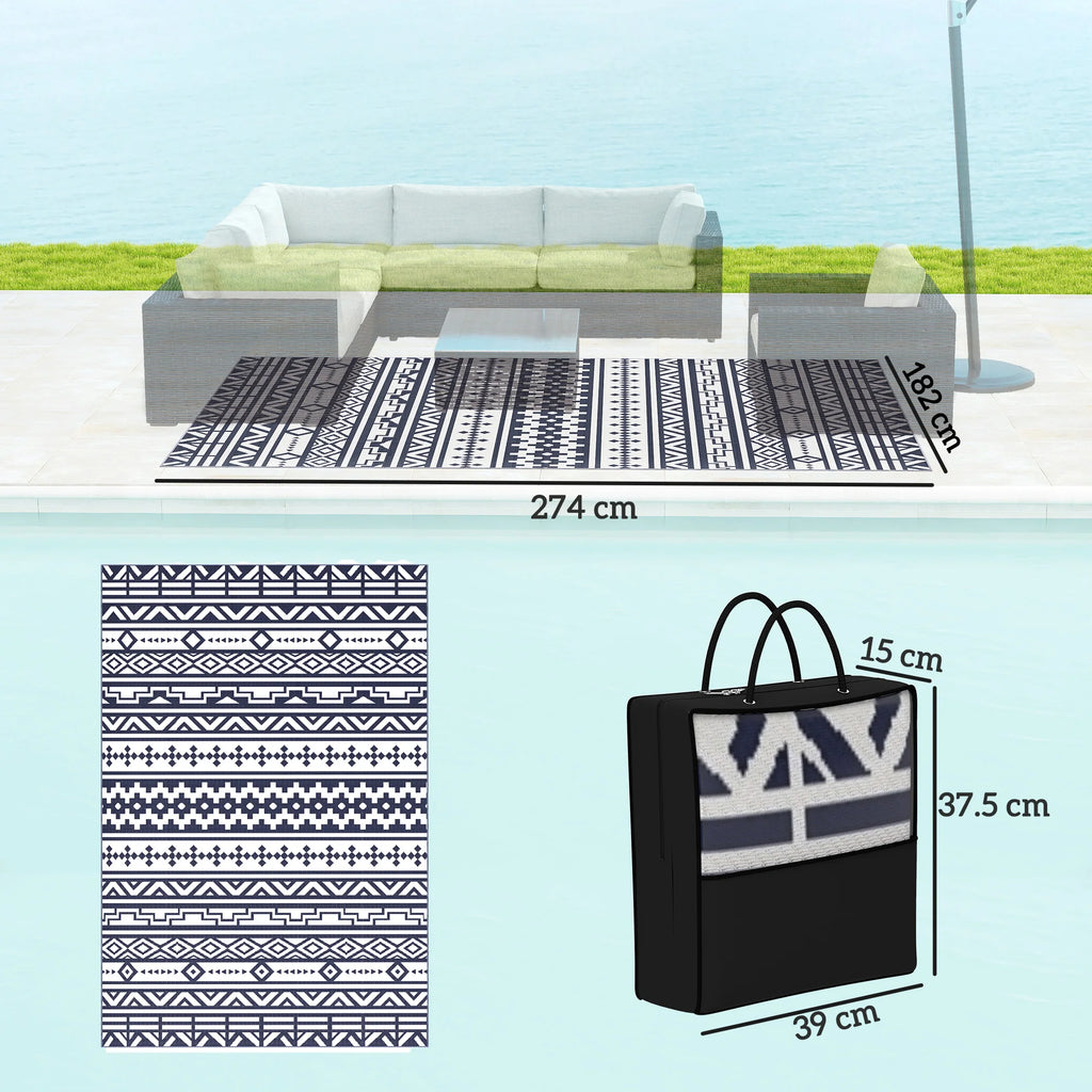 Dreamwhisper outdoor rug dimension graphic showing 274 by 182 centimeters and carry bag size