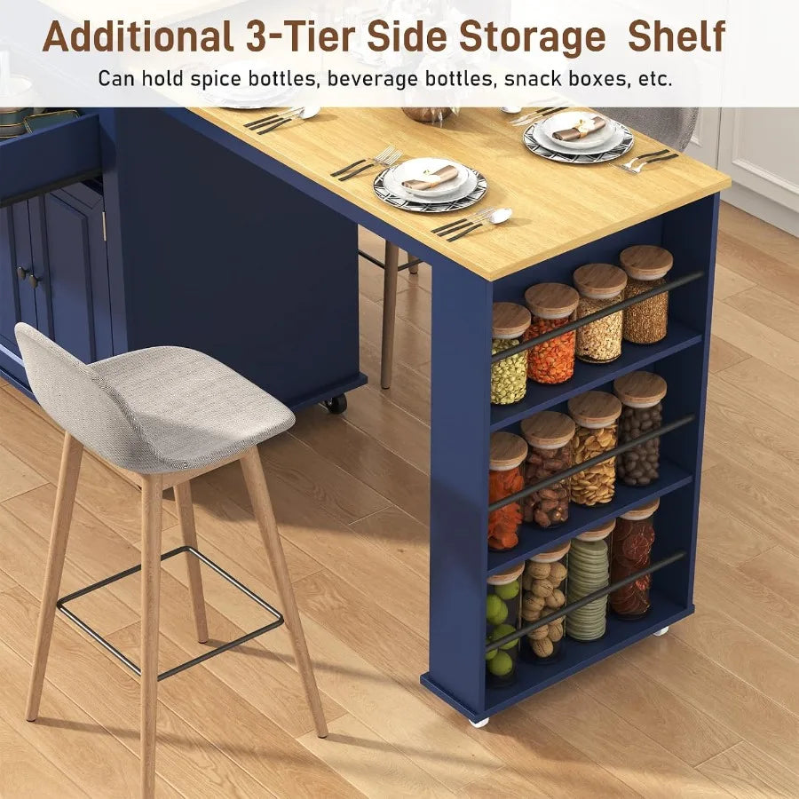 Three-tier shelving on the end of the extended table