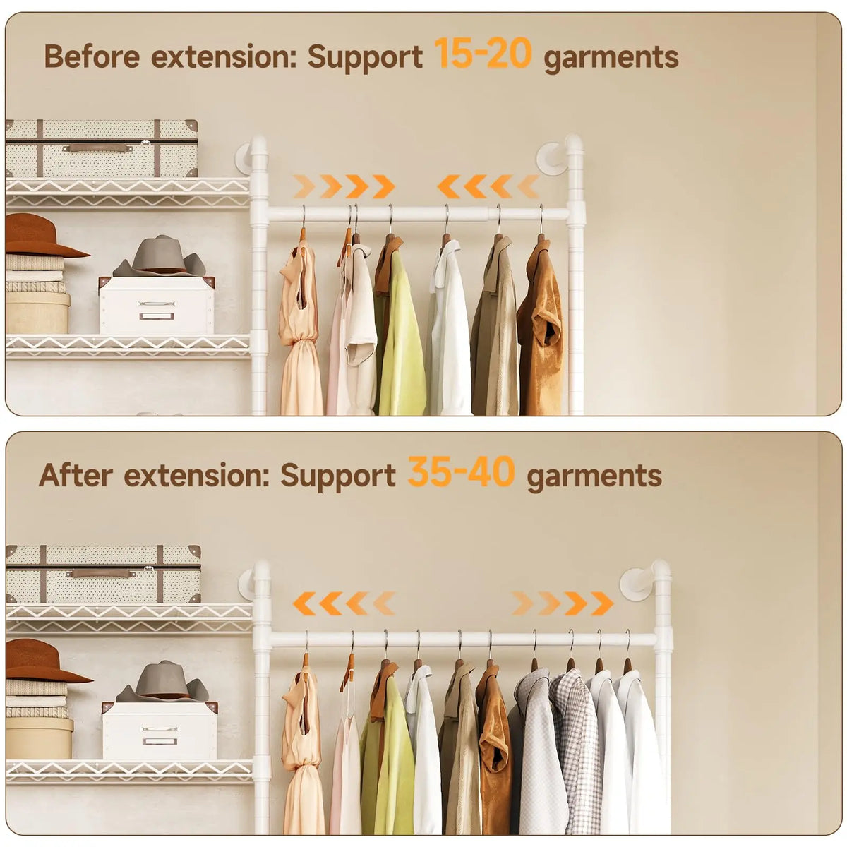 Everhalo telescoping hanging bar shown before and after extension.