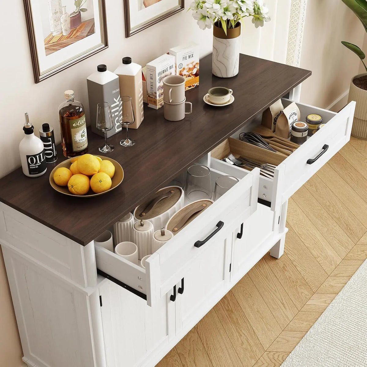 Overhead view of both open drawers in the Ivory Reedhalo sideboard