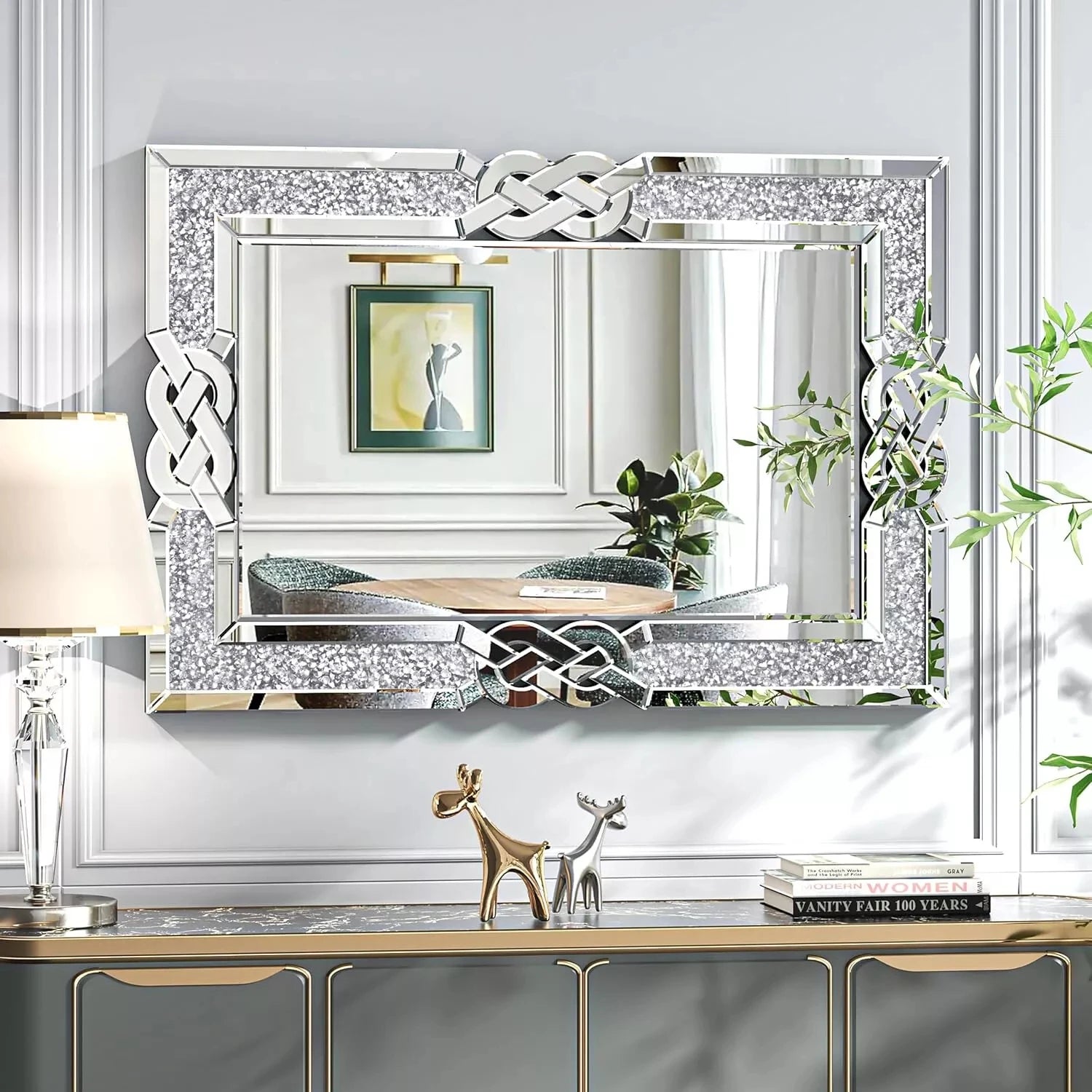 Crushed Diamond Rectangular Wall Mirror – Silver Crystal Frame