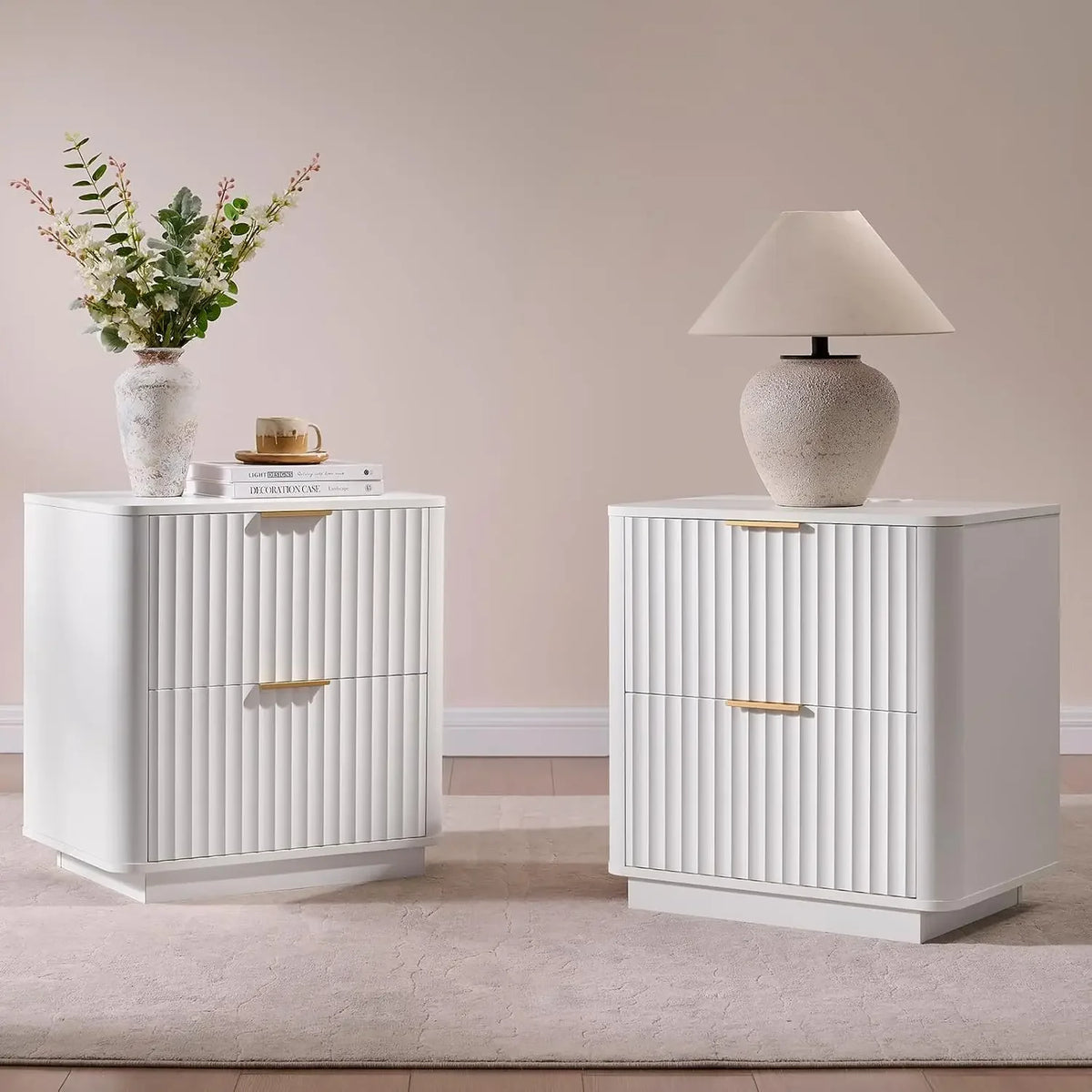 Lucentarc white pair of fluted nightstands with two drawers each.