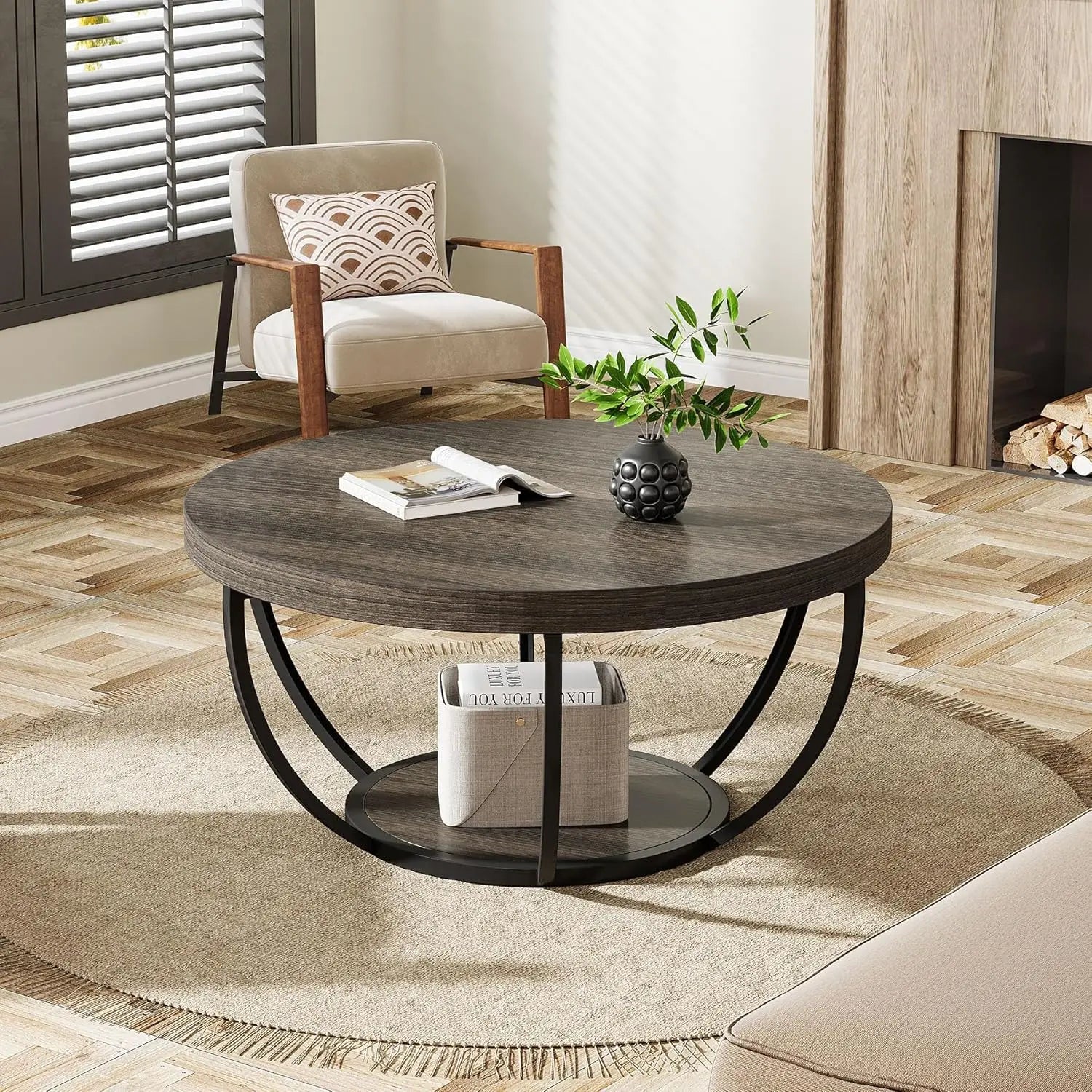 Harper Round Coffee Table with Storage Shelf
