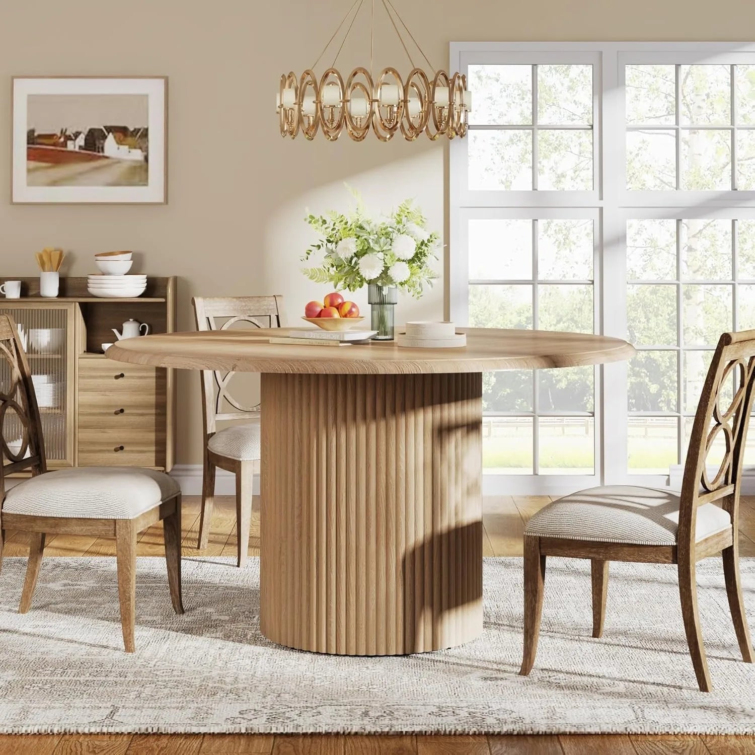 Round Wood Dining Table with Pedestal Base