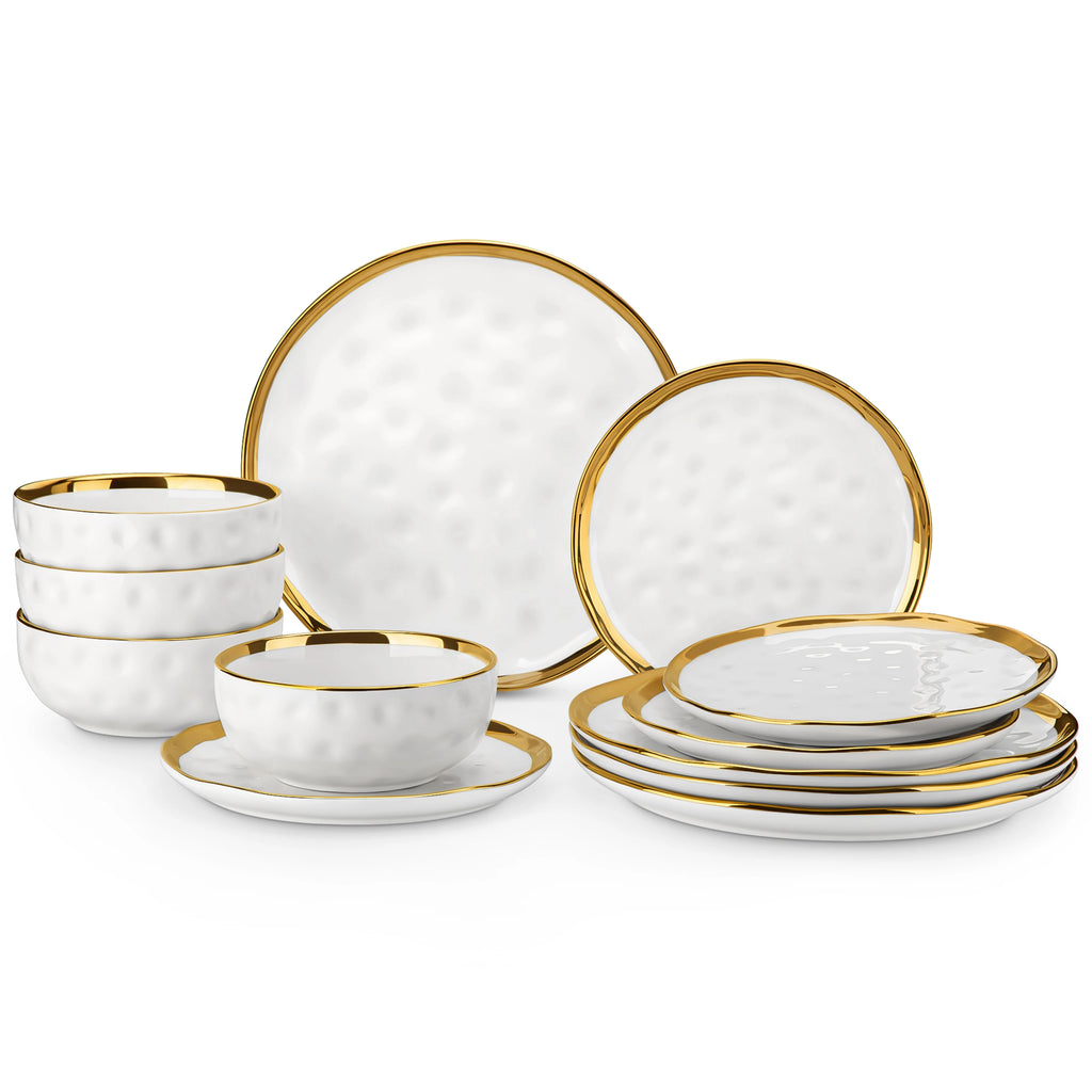 LOVECASA 12-Piece Hammered Dinnerware Set with Gold Trim