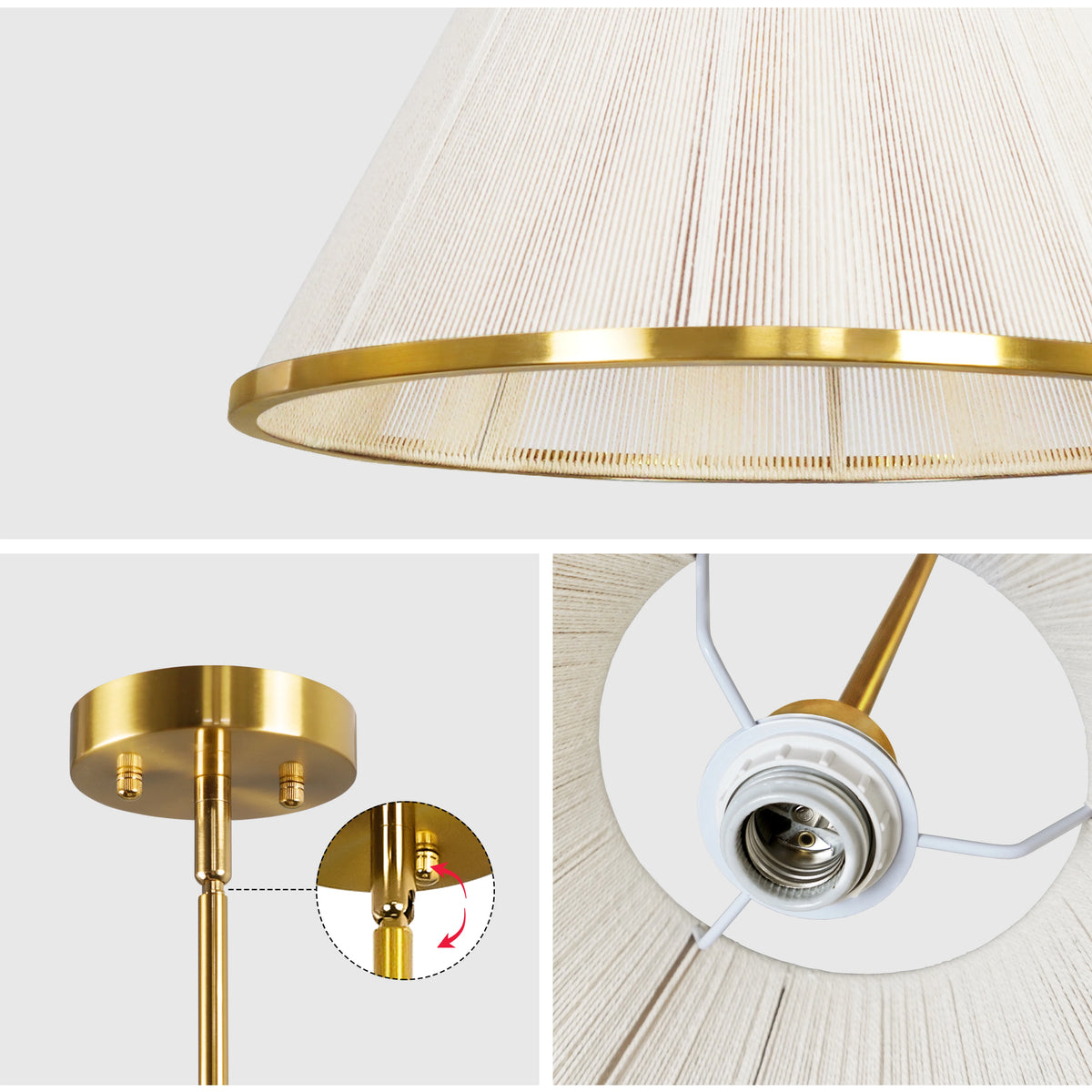 Loomveil close-ups of the woven-thread shade, gold-tone canopy joint and bulb socket.