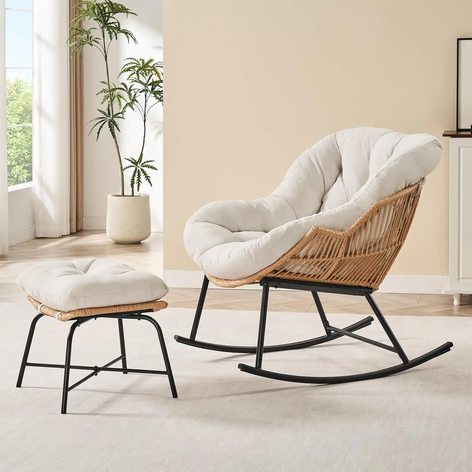 Harper Rattan Papasan Rocking Chair with Ottoman