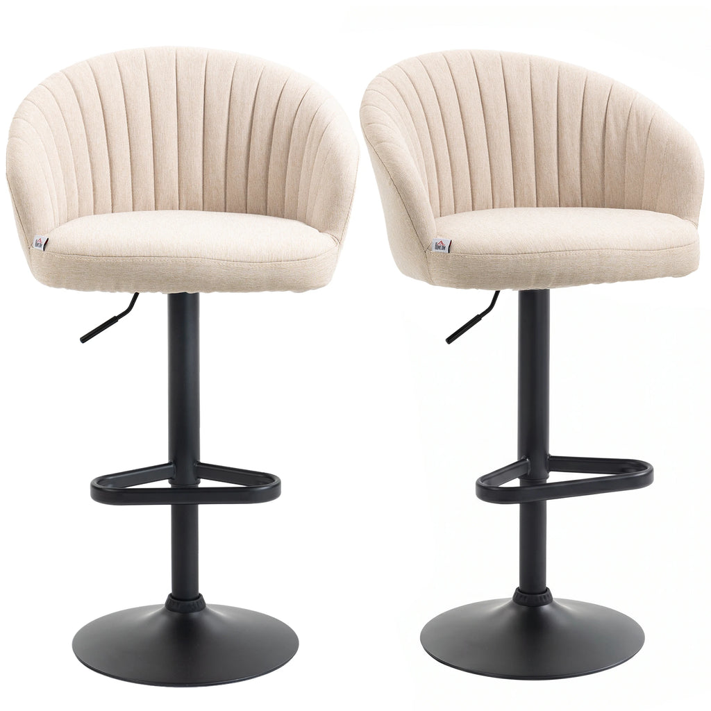 Avelisse set of two beige upholstered swivel bar stools with black pedestal bases
