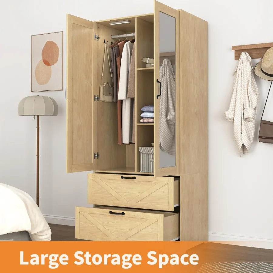 Open mirrored wardrobe showing a hanging section on the left and three shelf compartments on the right above two drawers.