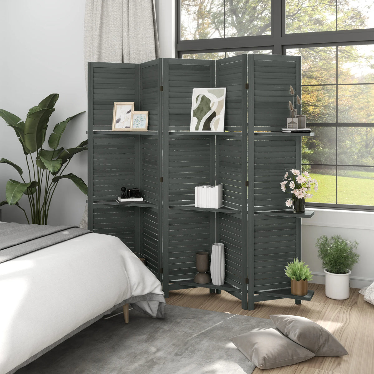 Sleekfold Room Divider with Shelves – Gray