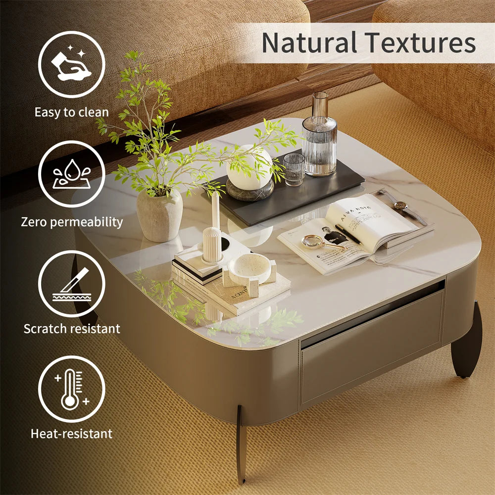 Manufacturer surface-feature graphic for the Cinderloom coffee table