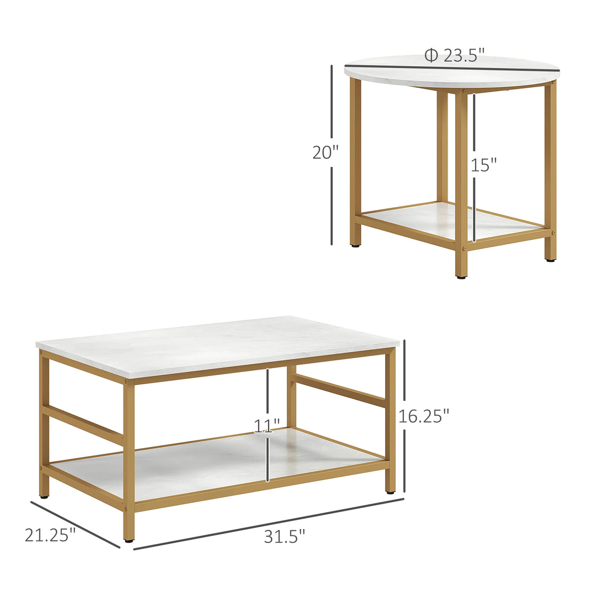 Gildmere dimension diagram showing separate rectangular and round table sizes and shelf clearances