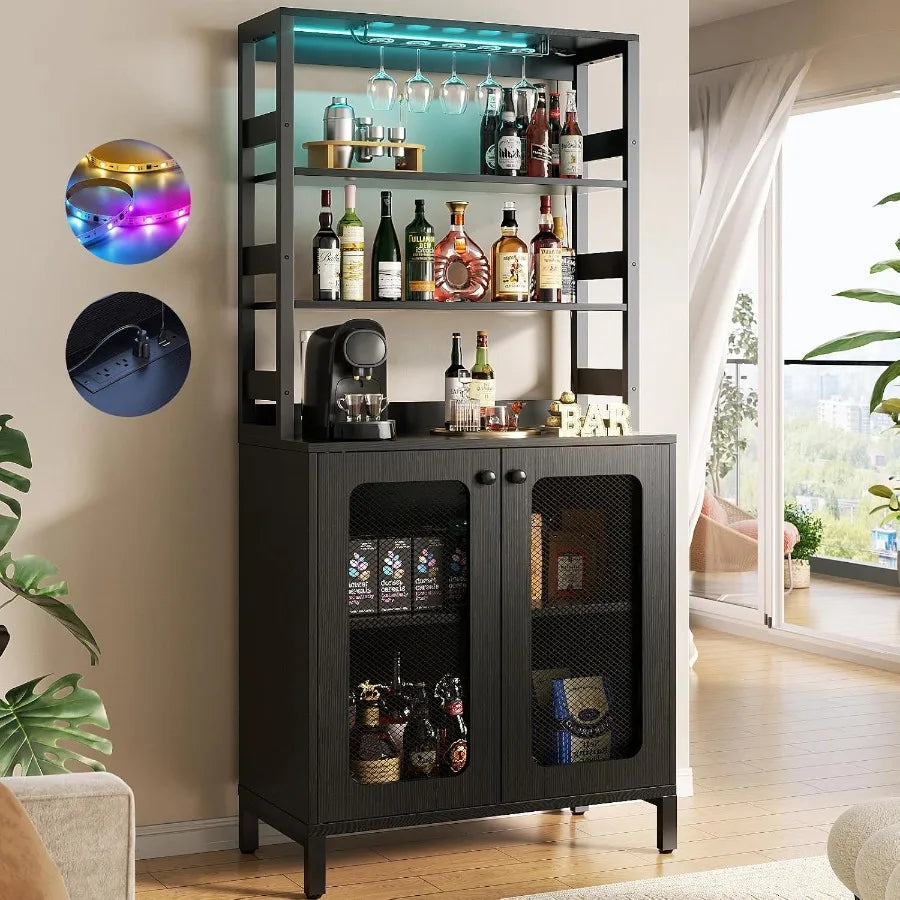 Black bar cabinet with two mesh-panel doors, open shelves, a stemware rack, and turquoise accent lighting.