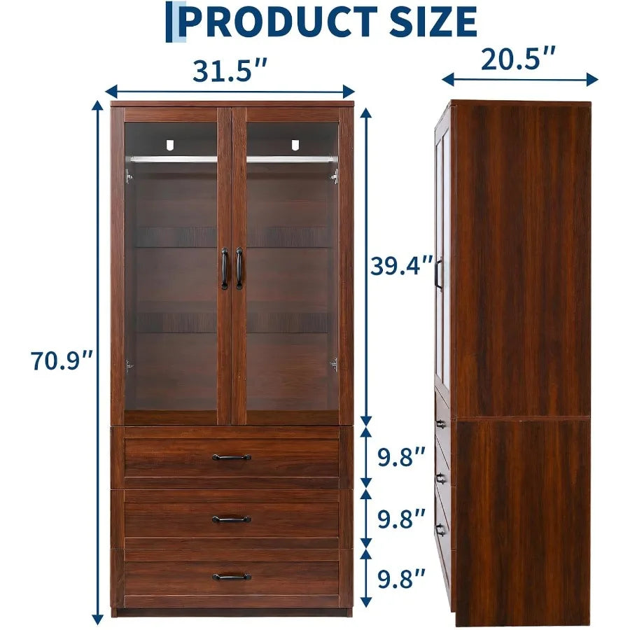 Front and side wardrobe measurements with drawer-front heights