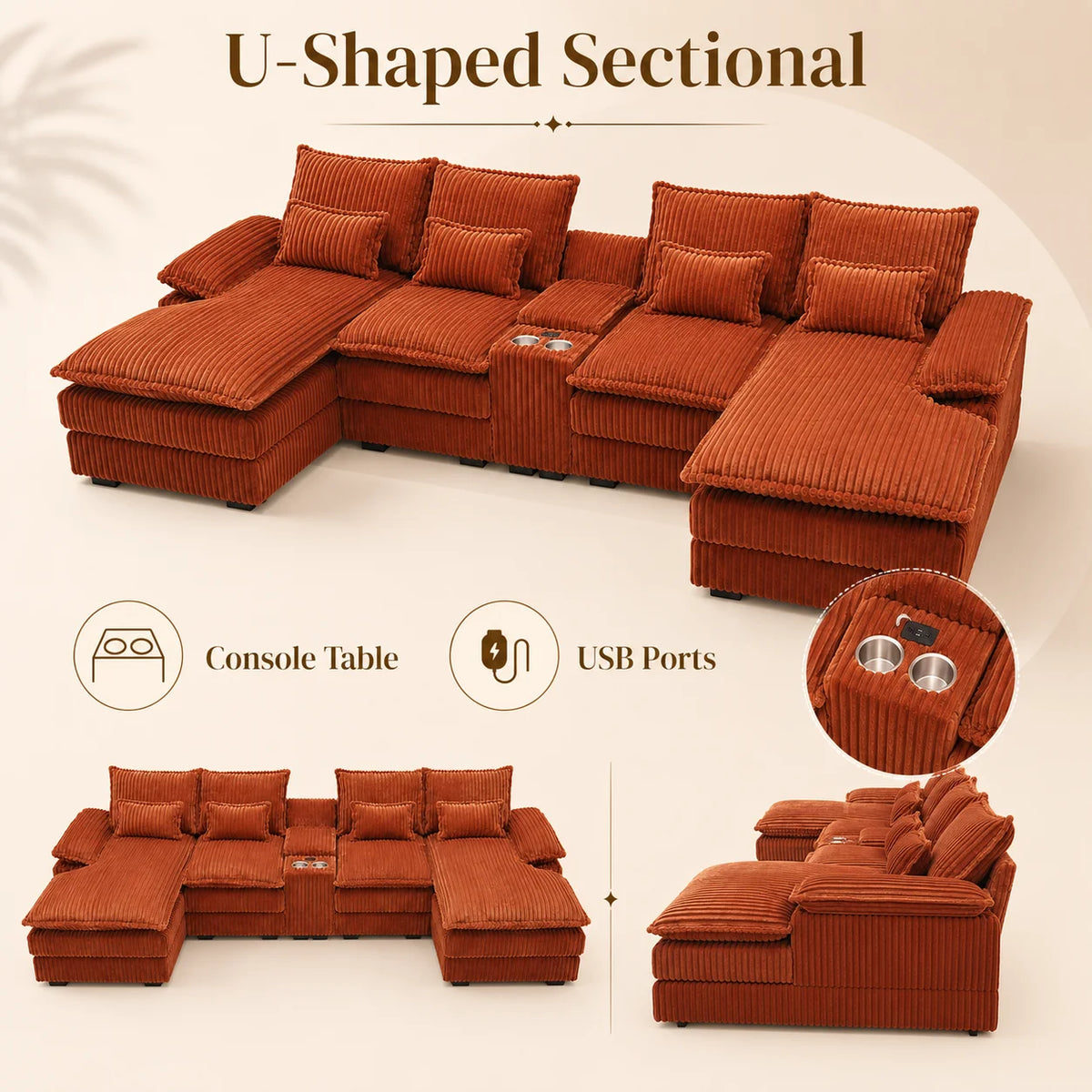 Wynterford 120-Inch 5-Piece Corduroy Sectional with Console
