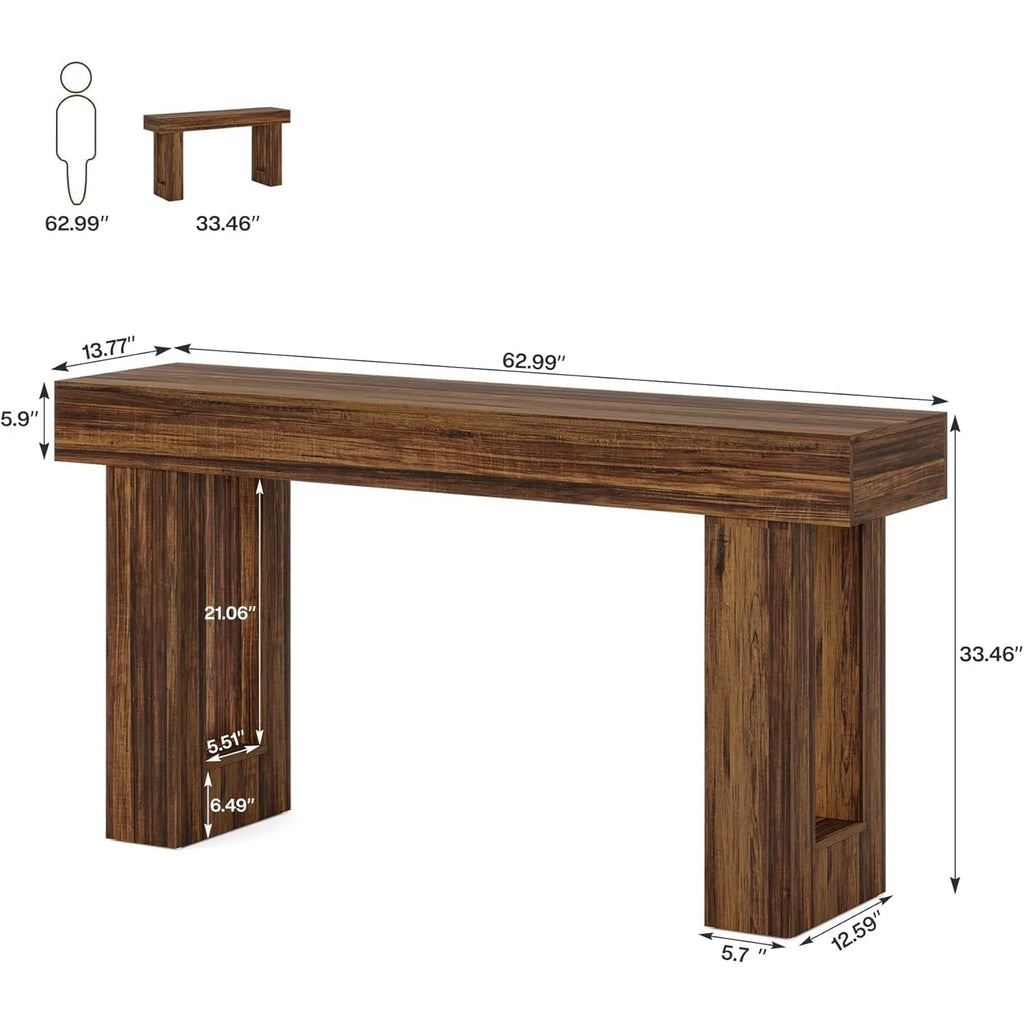 Wooden console table with dimensions labeled on a white background