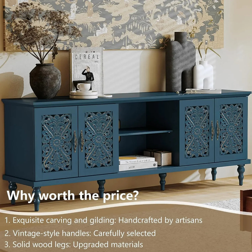 Gildleaf blue carved TV console with center open shelf in vintage-styled room