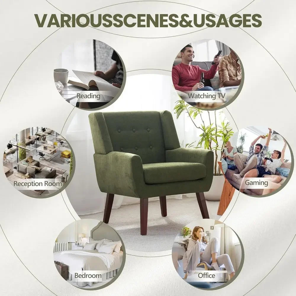 Green upholstered accent chair pictured in several indoor seating uses