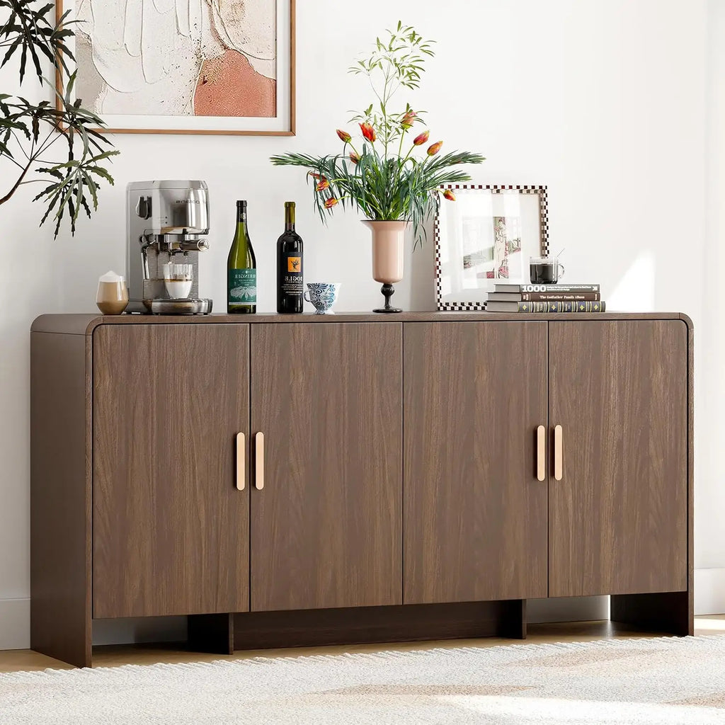 Fawnecho walnut-look sideboard with four doors, rounded edges and warm metal-tone handles