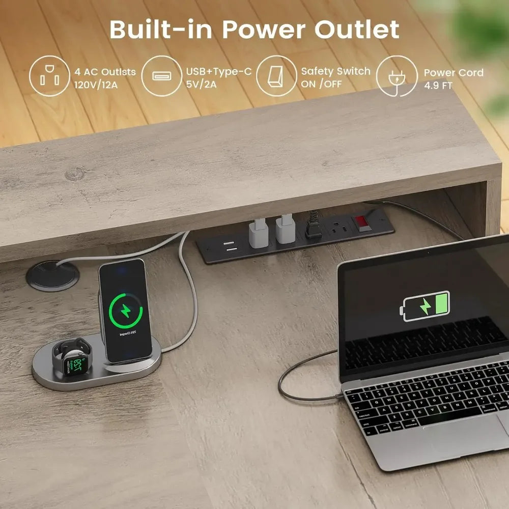 Lennor desk built-in power strip labeled 120V/12A AC and 5V/2A USB