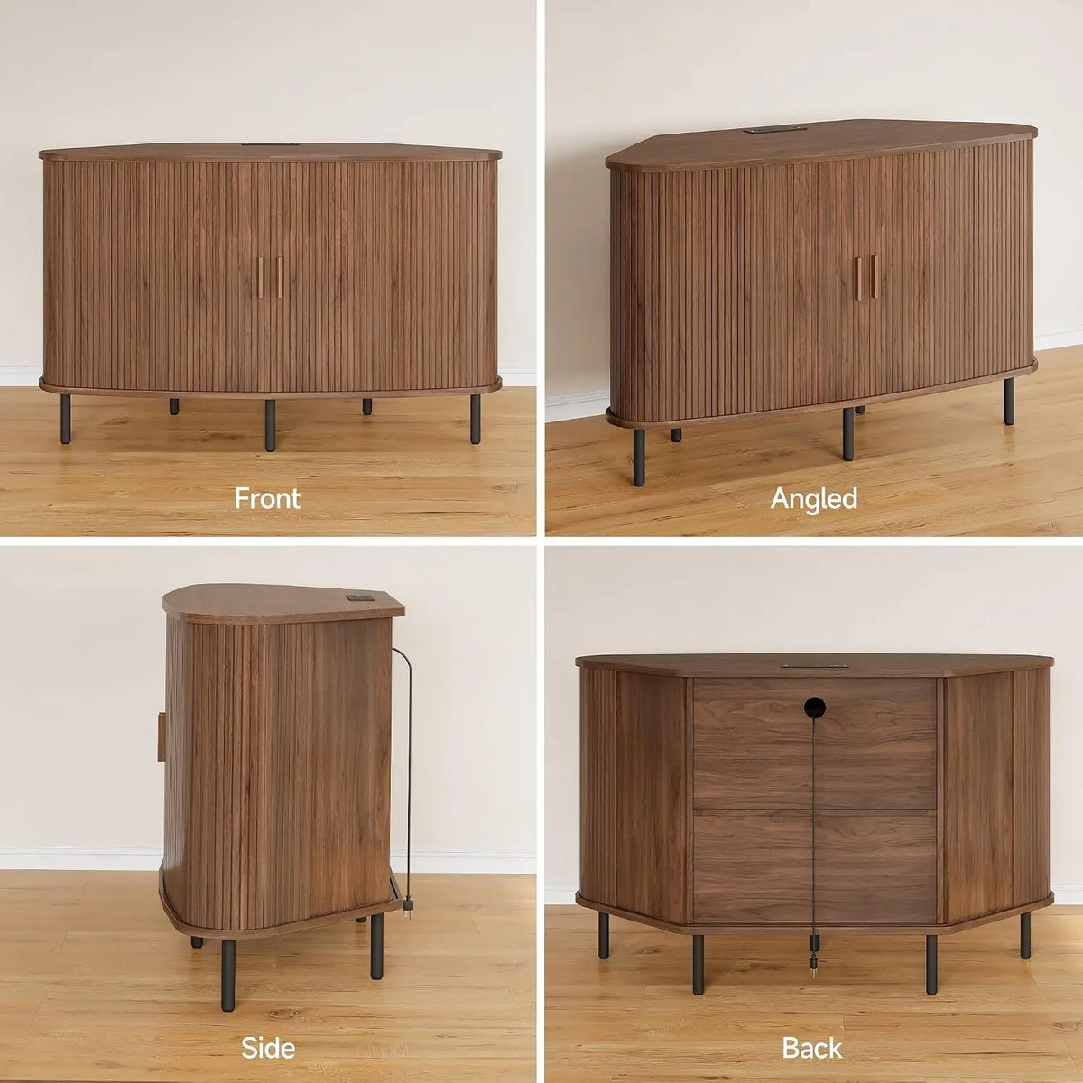 Front, angled, side, and back views of the Dark Brown Doveveil TV stand with angled rear corners.