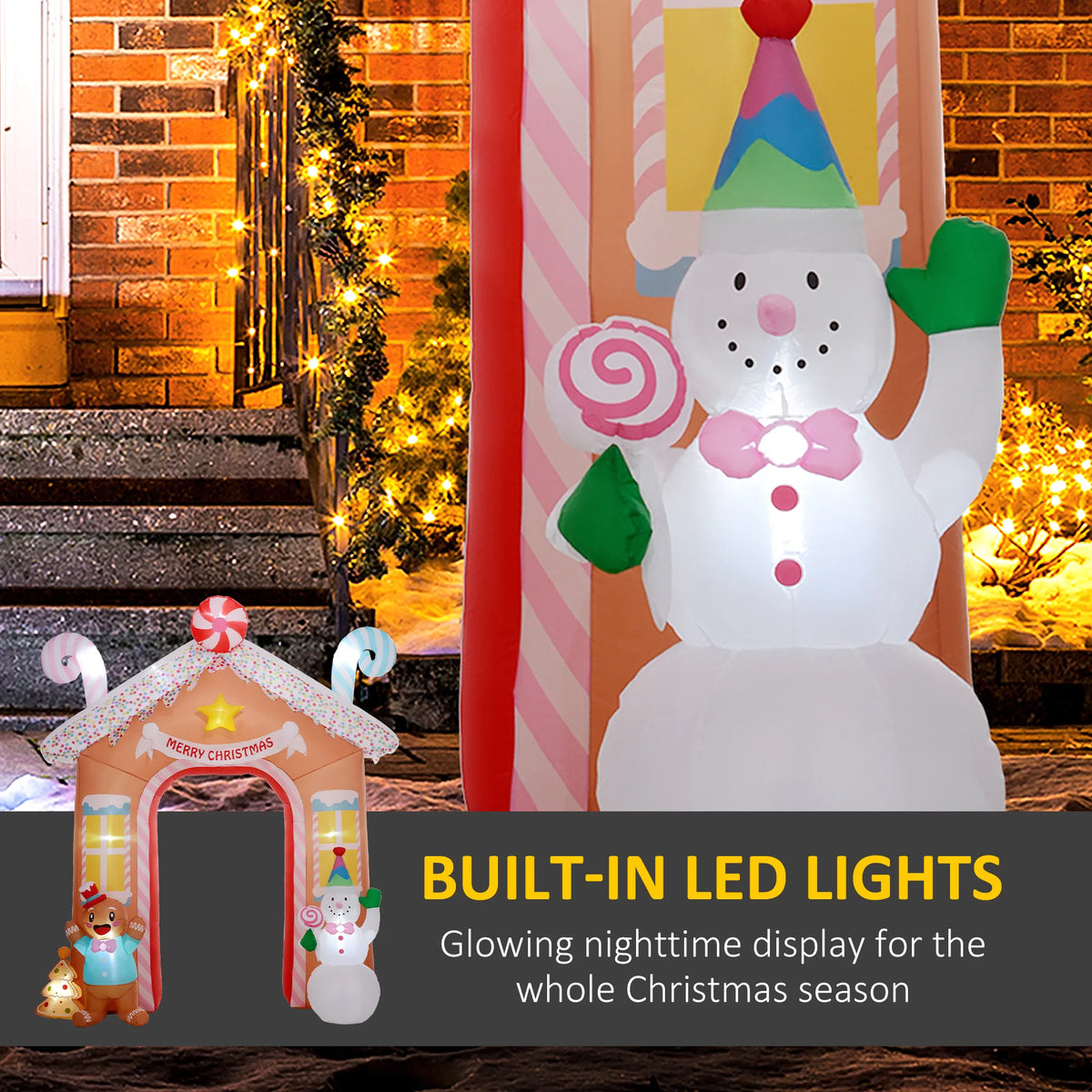Built-in white LED lighting illuminating the snowman on the Gingerlane Christmas archway