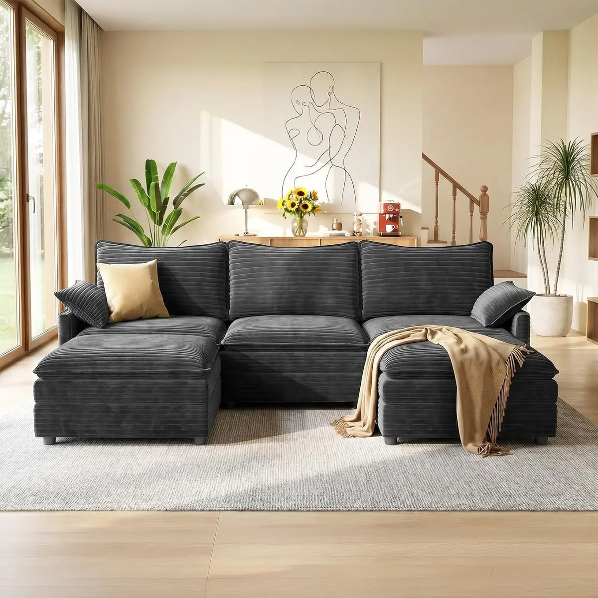 Vellune Gray corduroy modular sectional with two ottomans arranged as a U-shaped lounge
