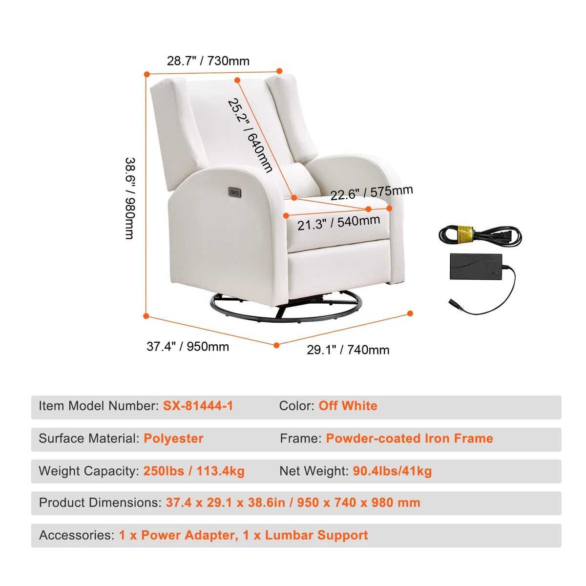 Off White option diagram showing the chair on a circular base, 29.1-inch width, 37.4-inch depth and 38.6-inch overall height.