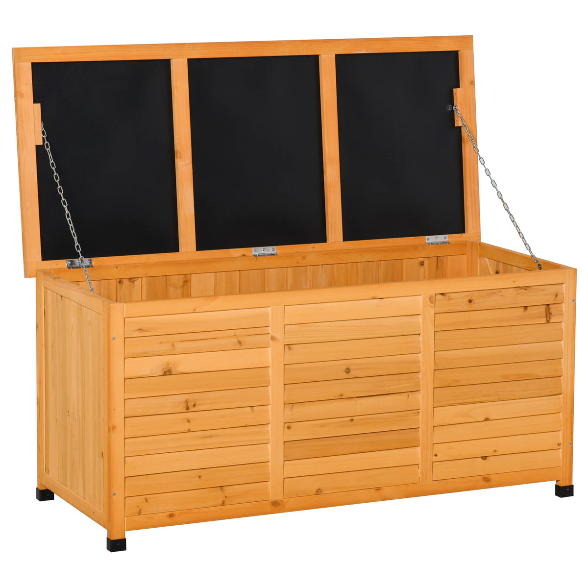 Langmere fir wood outdoor storage box shown open with support chains