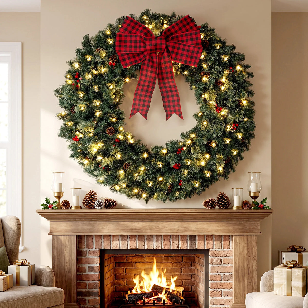Berrivale Christmas wreath displayed above a holiday mantel