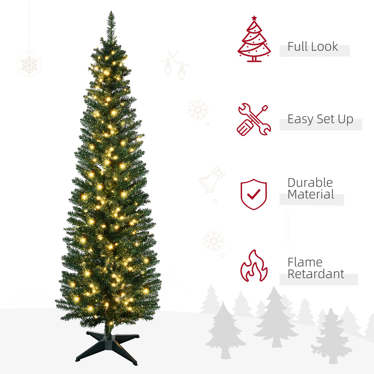 Lindenlight pre-lit pencil Christmas tree feature graphic showing its slim silhouette and easy-setup design.