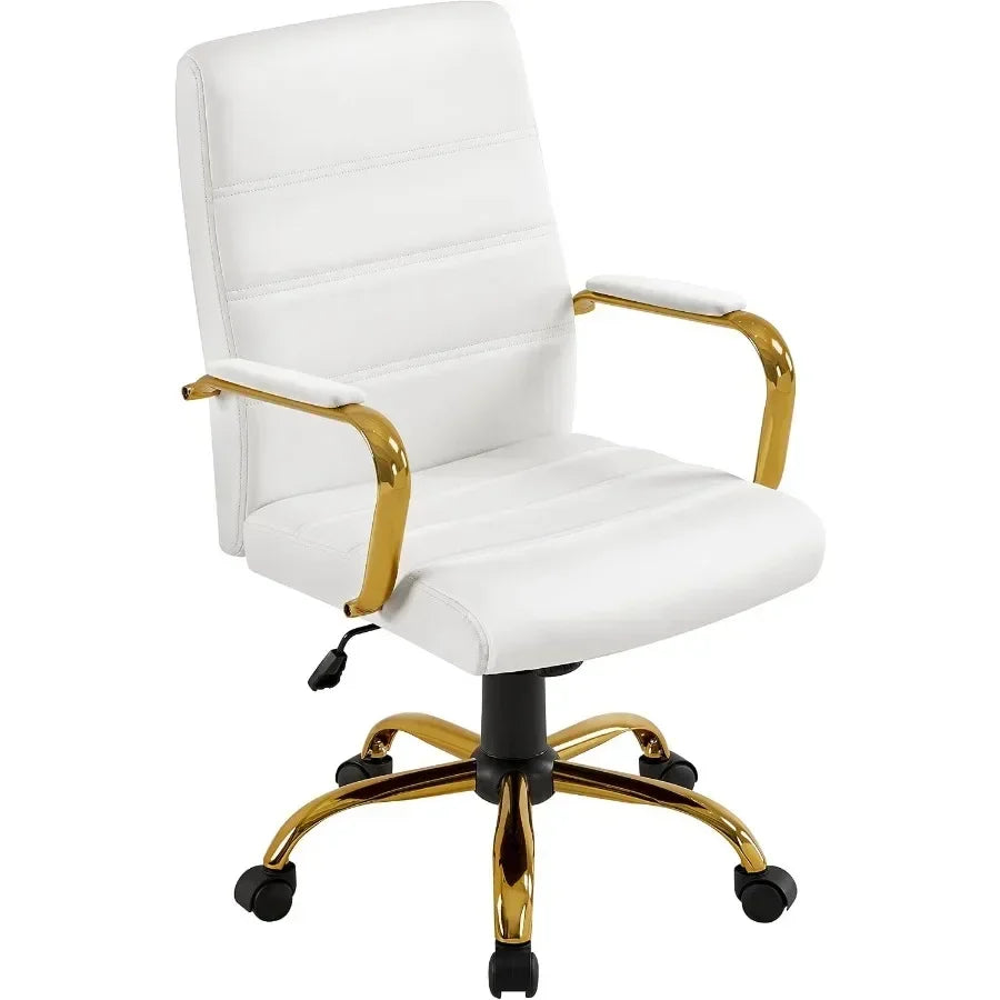 White office chair with gold-tone arms, padded seat and five-wheel base