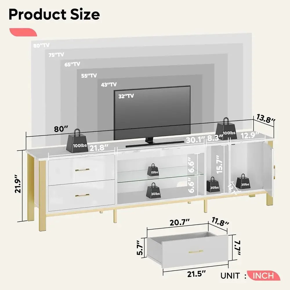 Merovelle console dimension graphic showing drawer-box components and open compartments