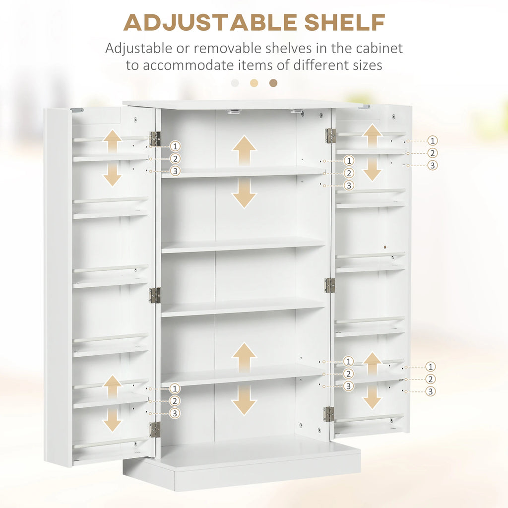 Pantry shelf-adjustment diagram with arrows indicating adjustable positions on interior shelves and door racks.